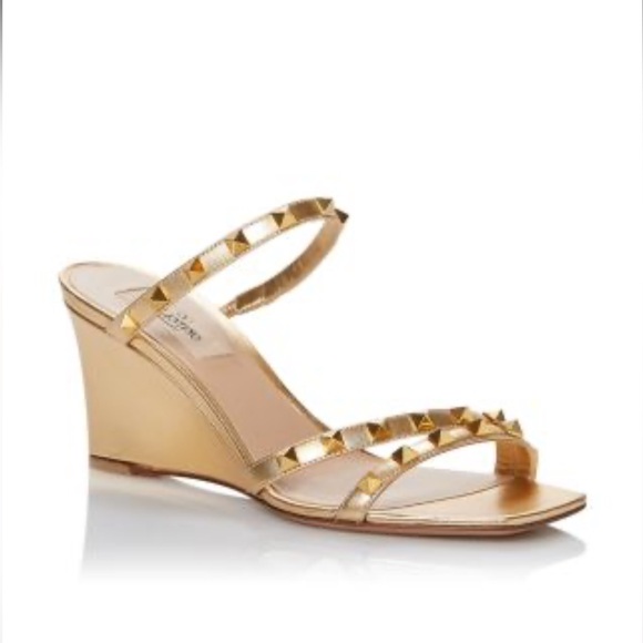 Valentino Garavani Shoes - Valentino Garavani Rockstud Wedge Slide Sandals in Gold size 39